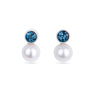 Eloise Earrings: Blue Topaz & Pearl Stud Earrings